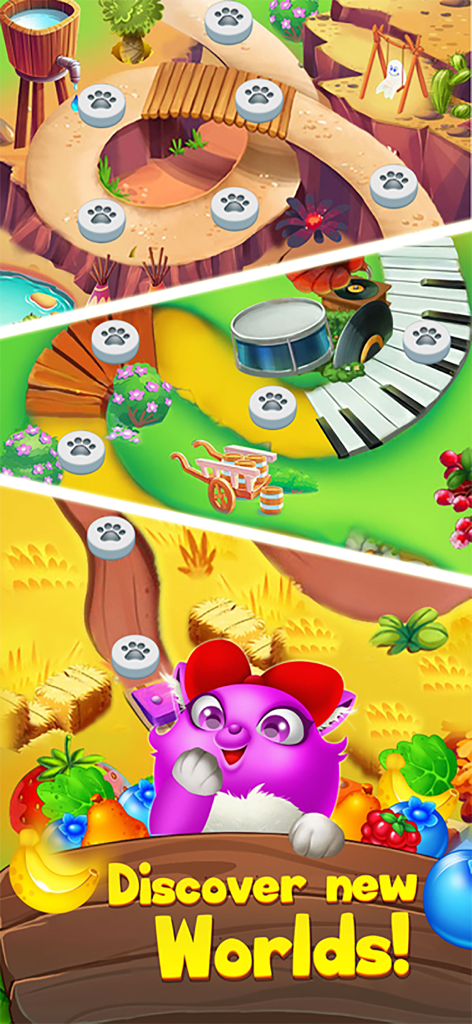 A vibrant game map featuring various themed levels and a cute purple cat character
