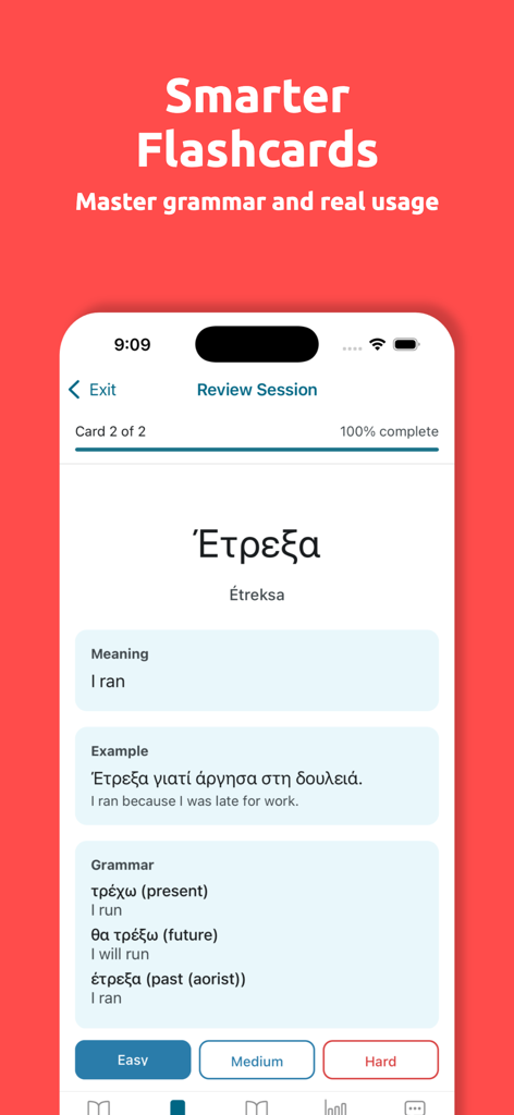 Fluency Drop - Learn Languages - Smarter language learning flashcards showing word meanings, usage examples, and grammar breakdowns in the Fluency Drop app interface.
