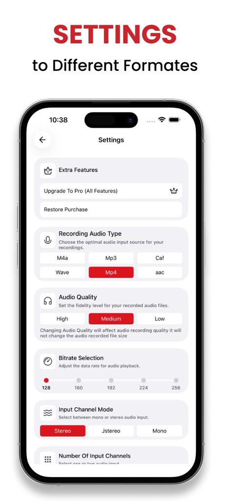 Menú de configuración de la aplicación Recorder Plus para seleccionar formatos de grabación de audio, niveles de calidad y tasa de bits