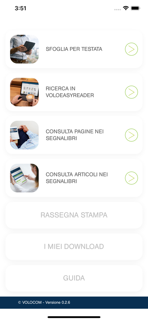Main menu interface of the VoloEasyReader app with options to browse newspapers and search articles