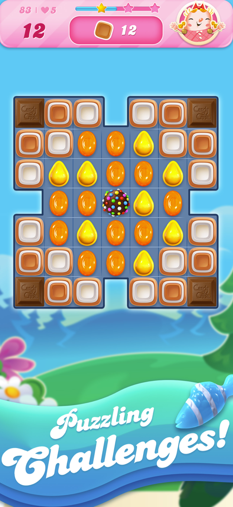 Gameplay screenshot of Candy Crush Saga showing a match-3 puzzle board with colorful candies and a color bomb booster.