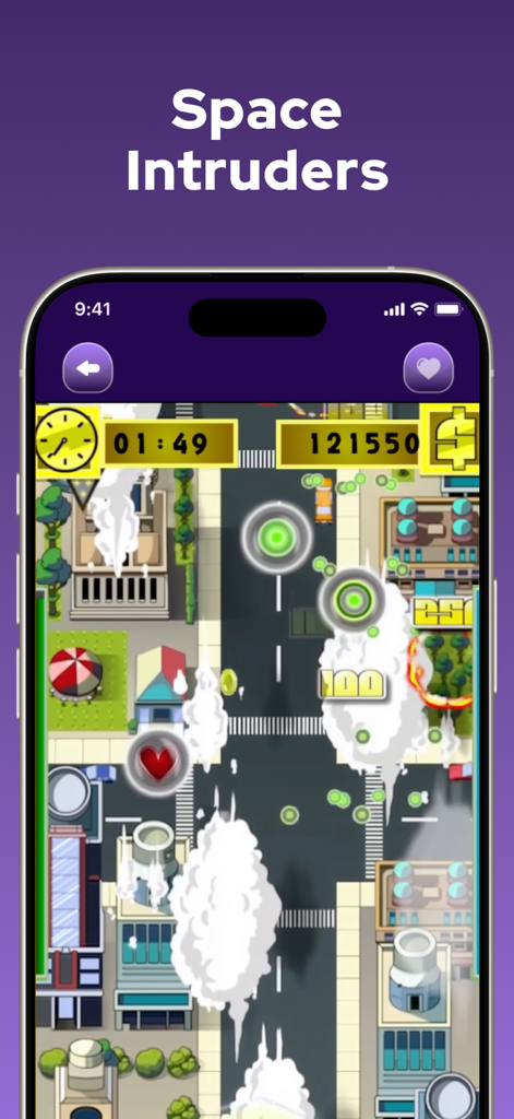 Offline Puzzle Games - No WiFi - Space Intruders gameplay screen featuring city map with timer and score indicators