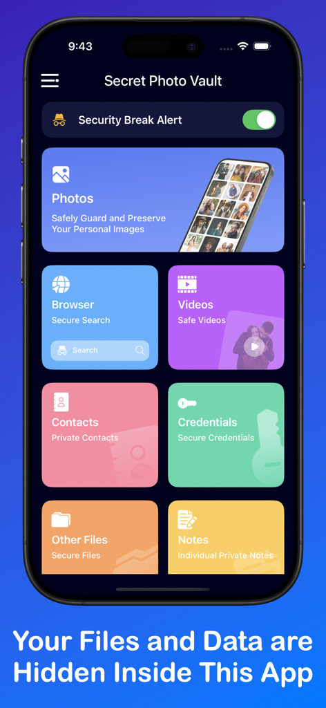 Calculator Lock - Photo Vault - Interfaz principal de la aplicación Calculadora segura que muestra categorías seguras para fotos, vídeos y contactos