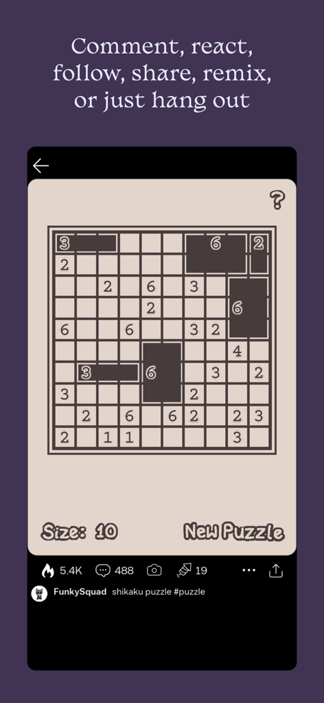 A user-created Shikaku logic puzzle game on the Castle app with social engagement icons