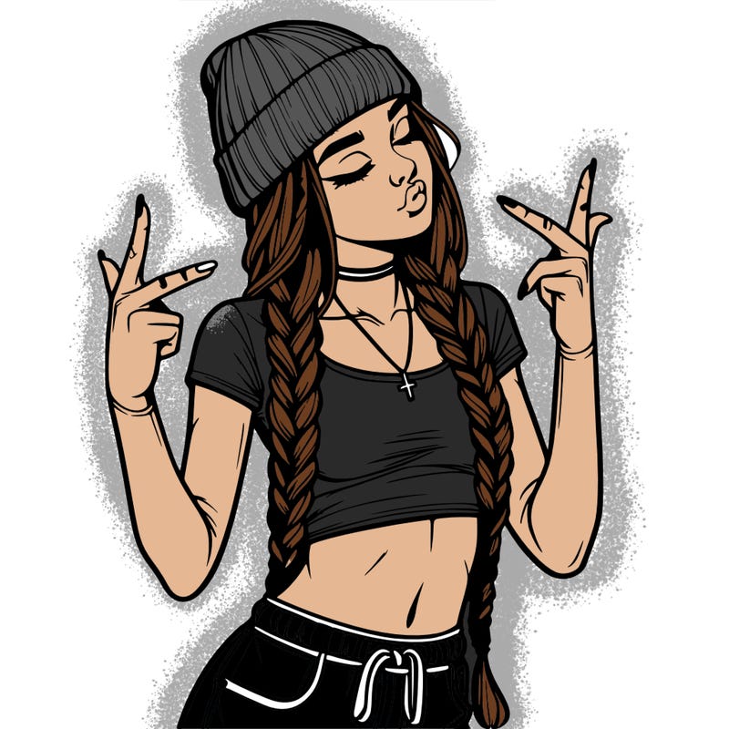 realistic teenage girl with braids and a beanie and crop top doing 🫶🏼