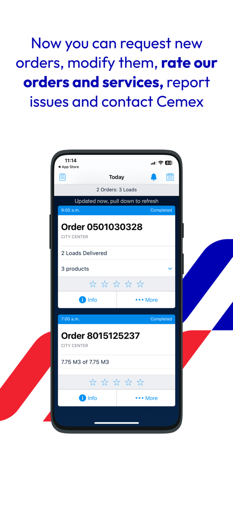 CEMEX Go Track mobile interface showing a list of completed construction orders and service rating options.