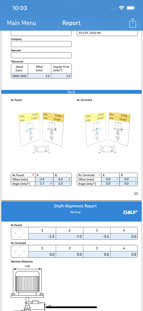 Detailed shaft alignment report with measurement results and machine diagrams