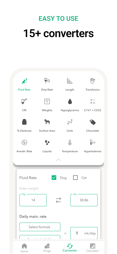 Vet Easy - Drugs & Calculators - Interface of the Vet Easy app showcasing various veterinary converters including fluid rate and drug dosage calculators.