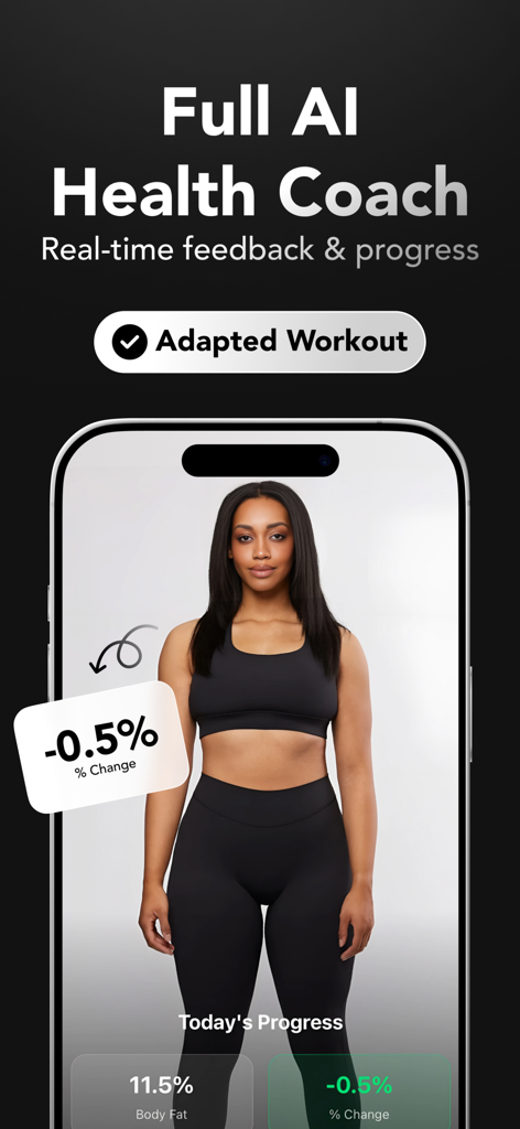 Thelo AI: Body Scan & Workouts - Smartphone screen showing the Thelo AI health coach app with a body scan and progress metrics including body fat percentage change
