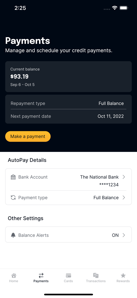 Payments management screen in the Capital on Tap app showing current balance and autopay settings