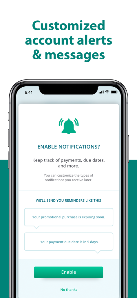 CareCredit Mobile - カスタマイズされたアカウントアラートと支払いメッセージを有効にするためのCareCreditアプリ画面