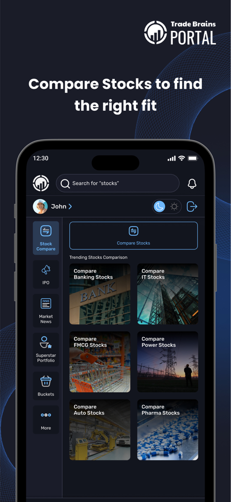 Trade Brains Portal - Trade Brains Portal app screen showing options to compare Indian stocks by sector like Banking and IT