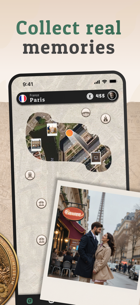 パリのデジタル旅行マップとエッフェル塔の前でポーズをとるカップルの写真を表示するSouvenirsアプリのインターフェース