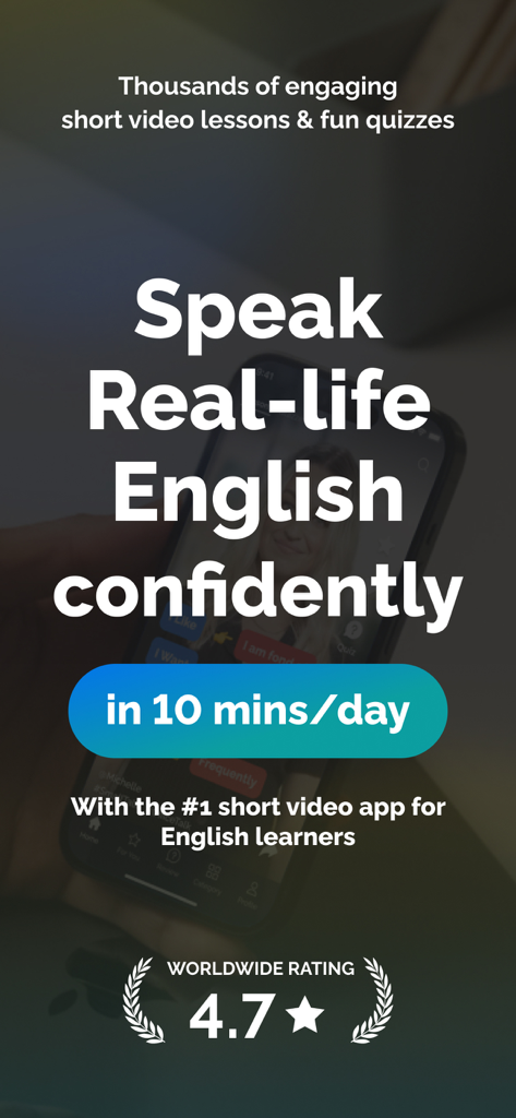 FluentJoy: Speak English - Tela promocional do aplicativo FluentJoy para aprender inglês da vida real em dez minutos por dia.