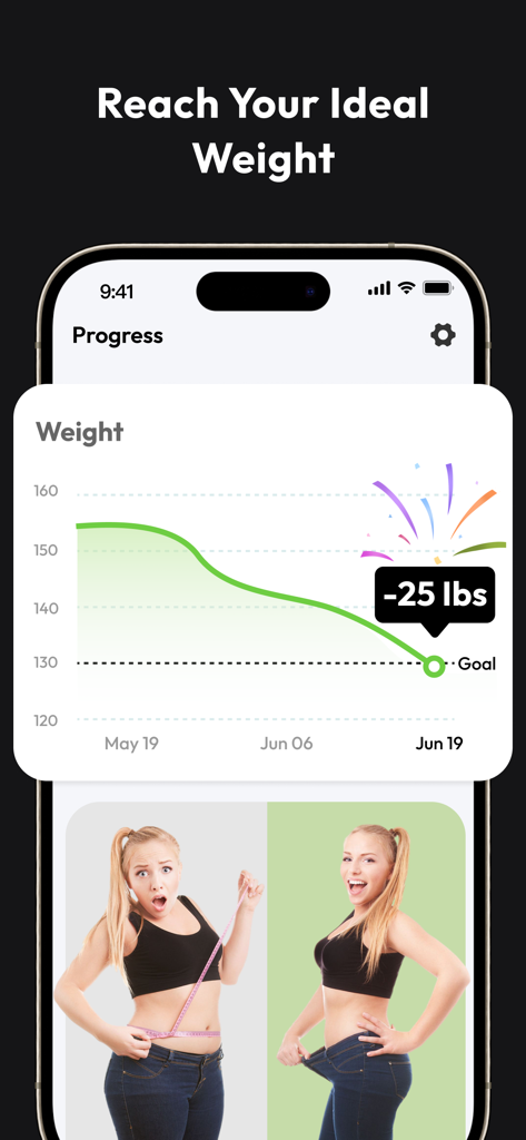 SnapCal: AI Calorie Counter - Weight loss progress chart and transformation photo in the SnapCal app.