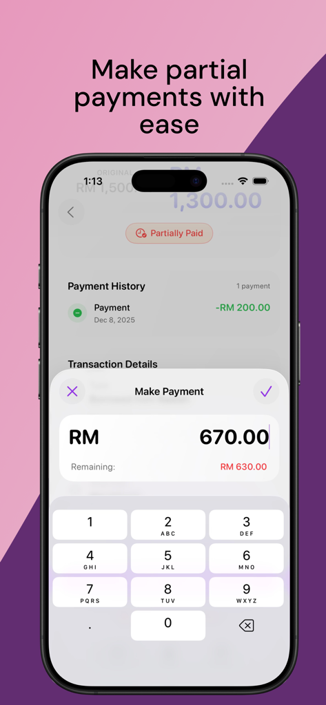 Hutang: Log Your Debt - A mobile app interface showing a partial payment entry for debt tracking in the Hutang app