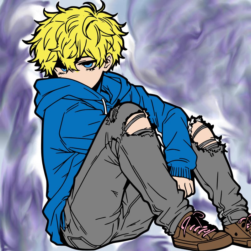 a male hoddie ripped jeans messy hair anime