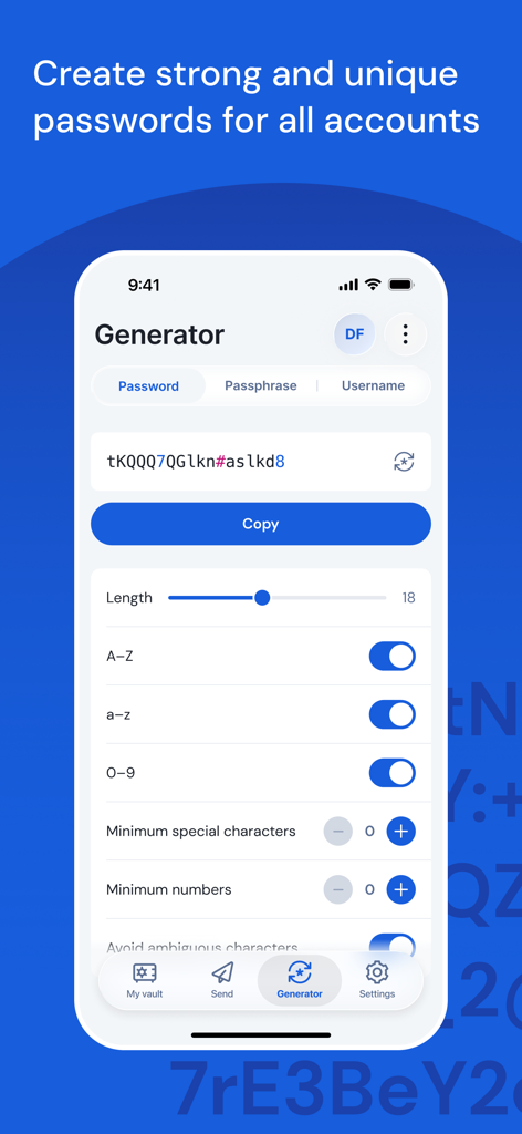 Bitwarden mobile app interface showing the secure password generator and customization settings