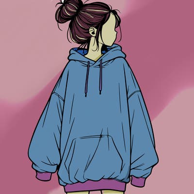 realistic girl with a oversized sweatshirt on and a bun