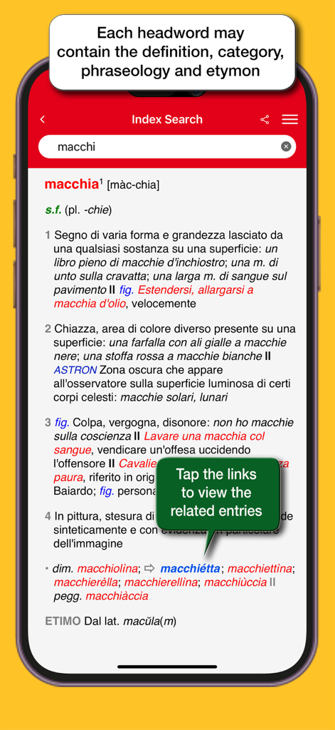 Dizionario Italiano Gabrielli - ガブリエリ伊和辞典アプリのインターフェイス。単語の定義と語源がモバイル画面に表示されています。