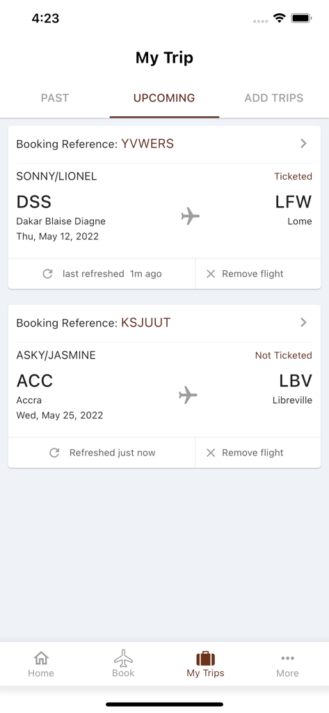 ASKY Airlines - Écran Mes voyages de l'application mobile ASKY Airlines affichant les réservations de vols et les itinéraires à venir