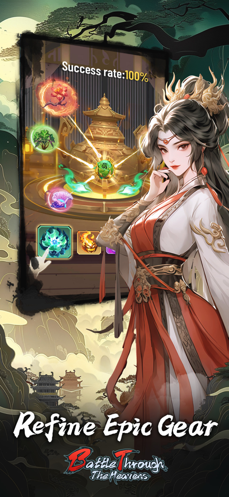 Personaggio anime che mostra l'interfaccia di raffinazione dell'equipaggiamento in Battle Through the Heavens RPG