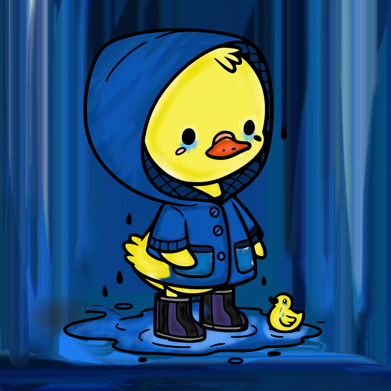 baby duck in a rain coat and boots, in a puddle while it’s raining