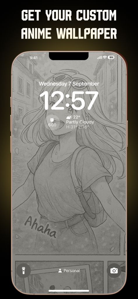 Turn Life into Manga: MangaMe - An iPhone lock screen featuring a custom anime style wallpaper created with the MangaMe app