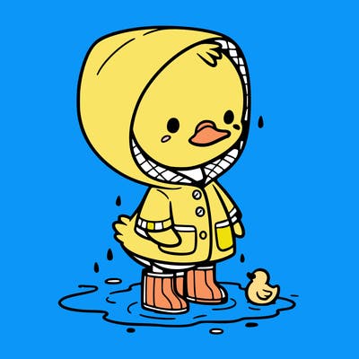 baby duck in a rain coat and boots, in a puddle while it’s raining
