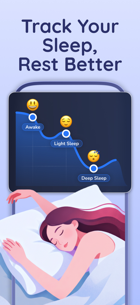 Pantalla de la aplicación de seguimiento del sueño que muestra a una mujer durmiendo y un gráfico de etapas del ciclo de sueño con marcadores de vigilia y sueño profundo