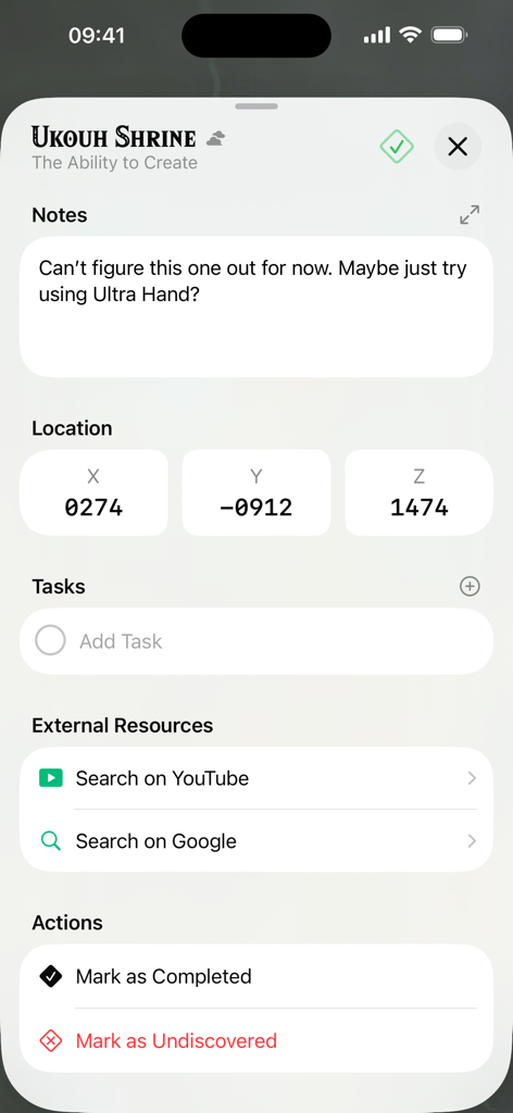 TotK Travel Guide - Detailed view of Ukouh Shrine in the TotK Travel Guide app showing location coordinates, user notes, and task management.