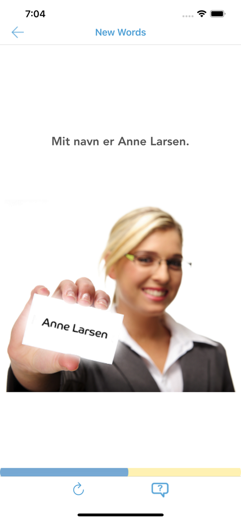A woman in the Danish for Beginners app introducing herself as Anne Larsen