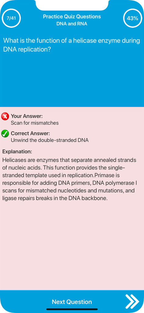 Biology practice quiz interface showing a question about DNA replication with a detailed explanation for the correct answer