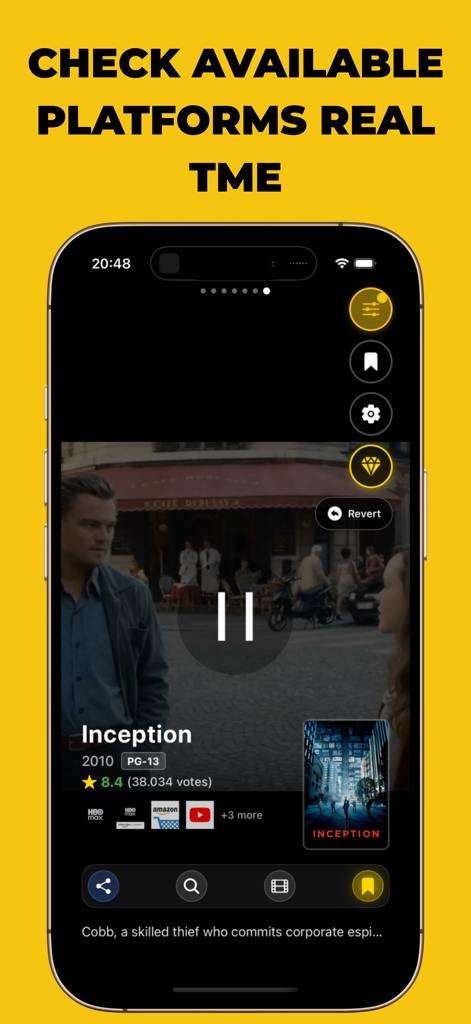 MovieTok: Shorts for Movies - Interface of MovieTok app showing real time streaming platform availability for the movie Inception
