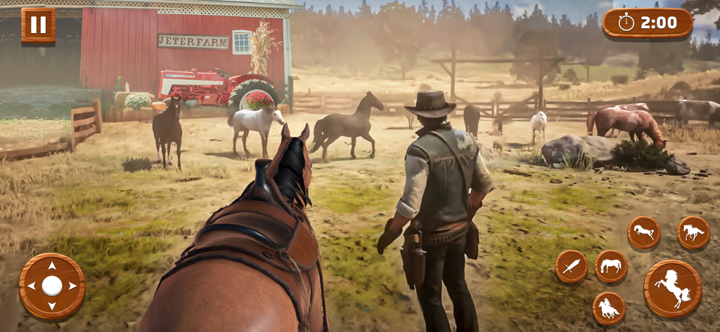 Wild Horse Simulator Jungle 3D - ワイルドホースシミュレータージャングル3Dのジェターファームで馬の間を歩くカウボーイ。