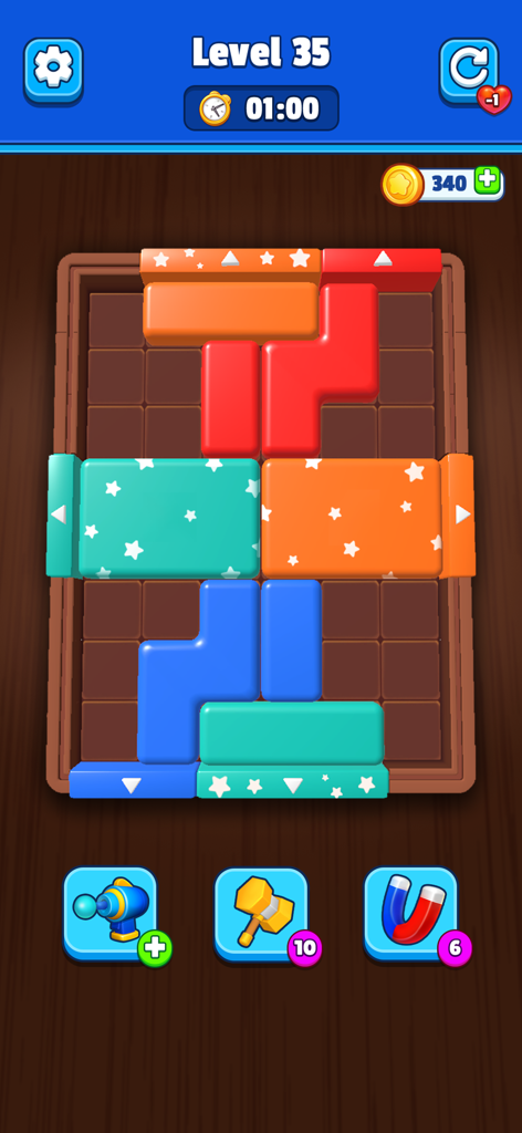 Color Jam Away - Block Puzzle - A mobile game screen of Color Jam Away showing a sliding block puzzle with colorful shapes and sorting doors