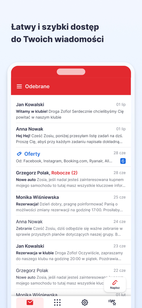 WP Poczta - WP Poczta mobile app inbox displaying a list of messages in Polish