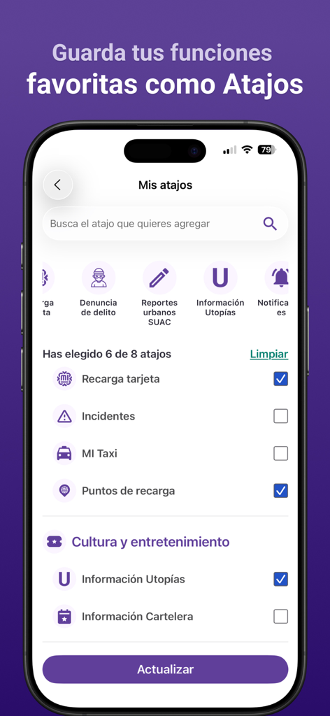 A smartphone displaying the My Shortcuts customization menu of the App CDMX with options for transport and urban reports