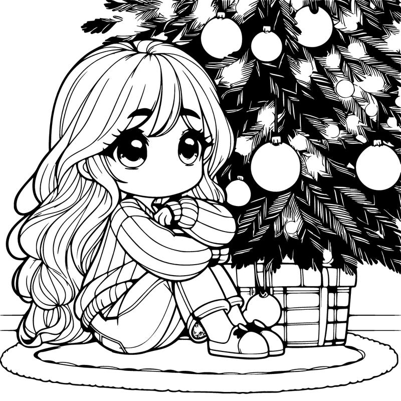 realistic girl under a christmas tree
