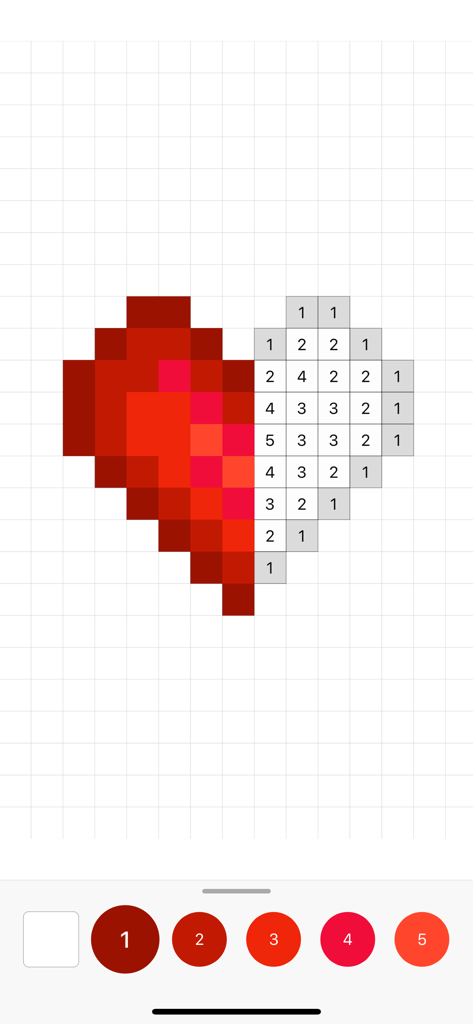 Pixel art heart coloring by number activity in the Sandbox app