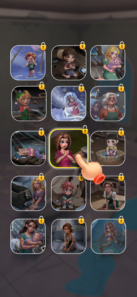 Menu de seleção de personagens mostrando vários cenários tristes a serem resolvidos no jogo.