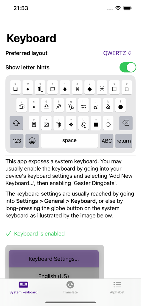 Gaster Dingbats - A tela de configuração do teclado no aplicativo Gaster Dingbats mostrando uma prévia do teclado de símbolos e instruções de ativação.