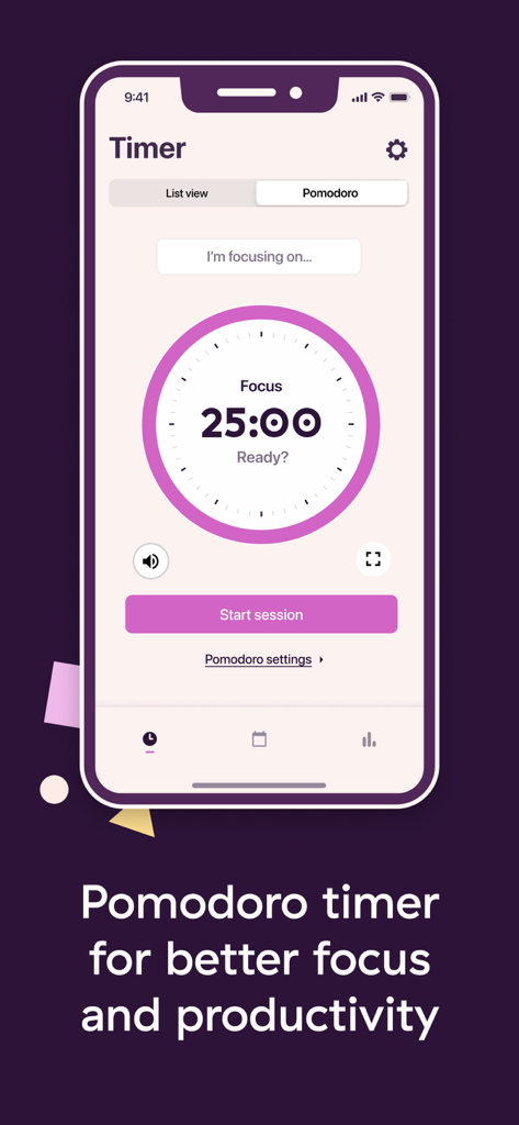 Toggl Track mobile app interface showing a 25 minute Pomodoro focus timer
