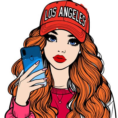 realistic beautiful girl wearing los ángeles cap holding an iphone