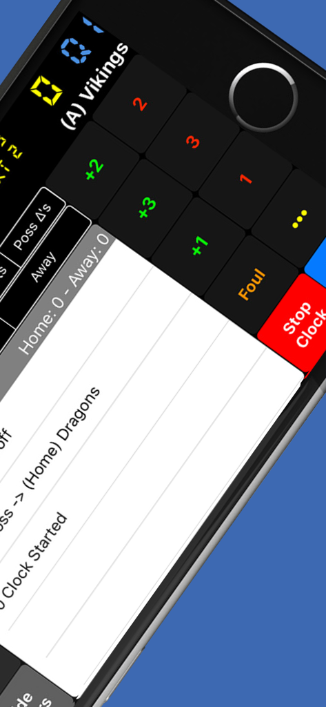 A basketball scoring app interface showing score buttons, foul tracking, and a live game log.