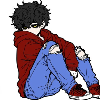 a male hoddie ripped jeans messy hair anime