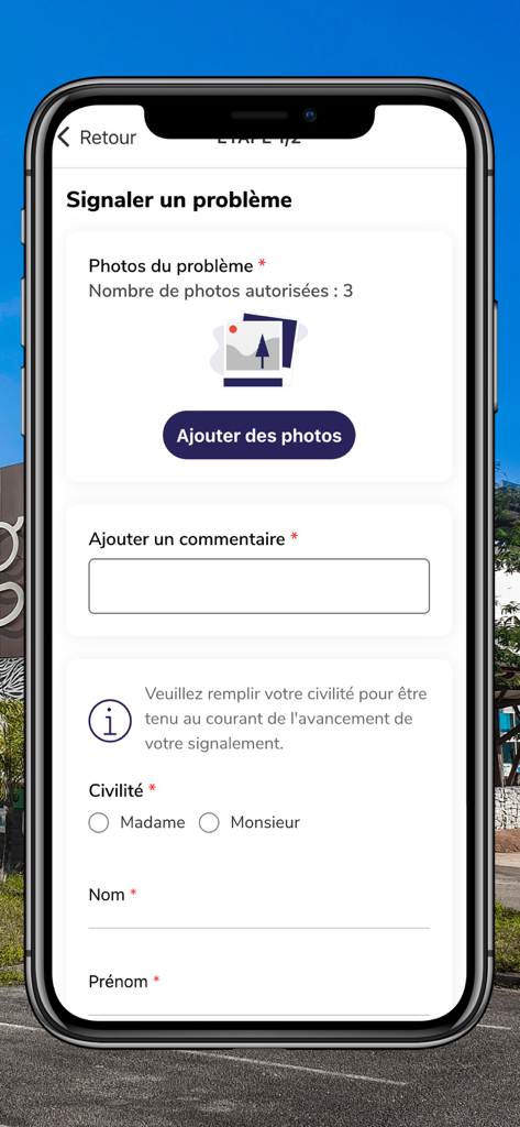 CACL 6-en-1 - Interfaz de usuario de la aplicación CACL 6-en-1 para reportar problemas locales con campos para fotos y comentarios