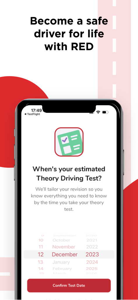 Learn to Drive with RED - Interface of the Learn to Drive with RED app showing a date picker to set an estimated theory driving test date.