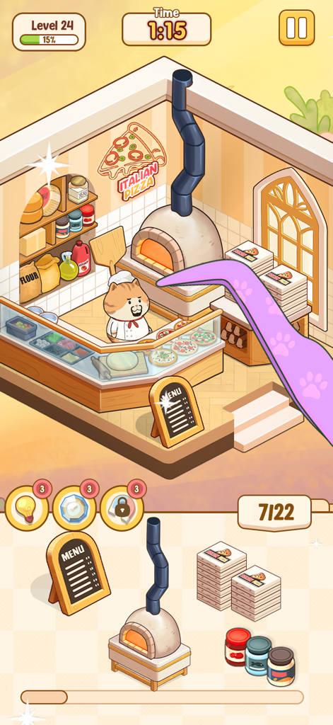 Sticker Room: Cozy Home - A kawaii cat chef stands in a cozy pizza shop level of Sticker Room Cozy Home puzzle game