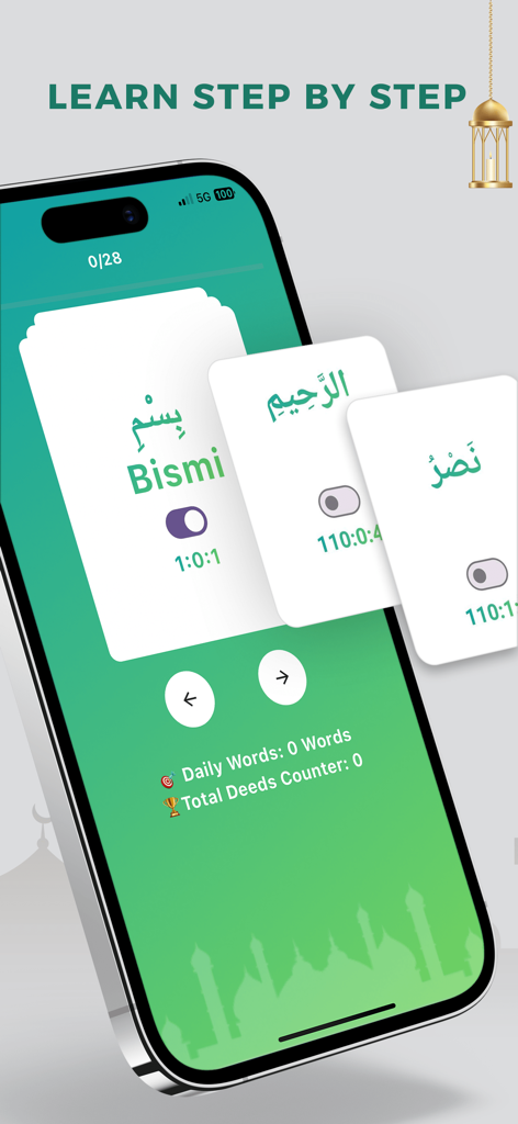 Quran Buddy: Memorize Quran - Quran Buddy app interface featuring Arabic flashcards for step by step learning